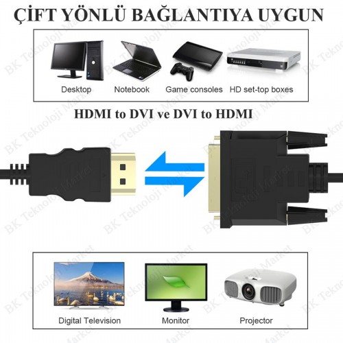 DVI 24+1 to HDMI Çift Yönlü DVI to HDMI Görünütü Kablosu-1.8Metre