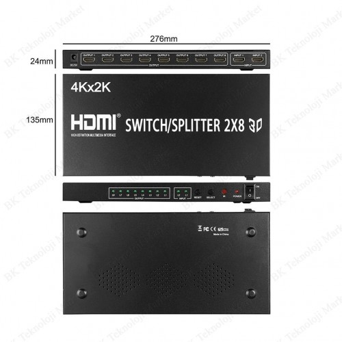 2 Giriş 8 Çıkış 2x8 HDMI Switch-Splitter 4K x 2K