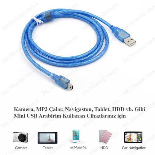 Mini USB 5 Pin Fitreli V3 Şarj Data Kablosu - 1.5 Metre,USB Kablolar,