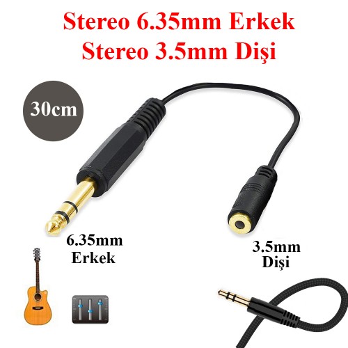 Stereo 6.35mm Erkek to 3.5mm Dişi Ses Kablosu - 30cm,Ses Kabloları,