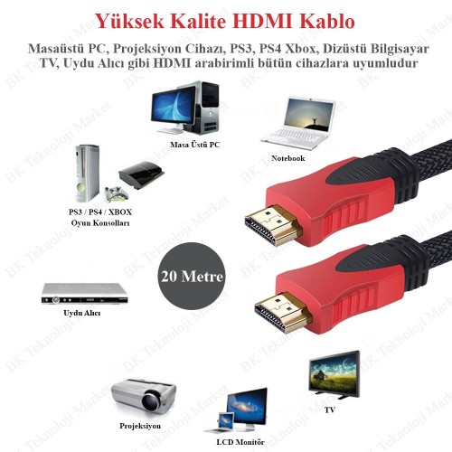 Full HD 3D Örgülü HDMI Kablo - 20 Metre,Görüntü Kabloları,