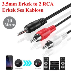 3.5 mm Aux Erkek to 2 RCA Erkek Ses Kablosu - 10 Metre