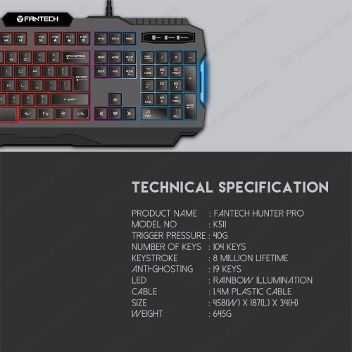 Fantech K511 Hunter PRO Led Aydınlatmalı Oyuncu Klavyesi,Klavye Mouse,