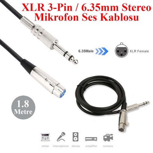 XLR 3-Pin Dişi 6.35mm Stereo Fiş Korumalı Mikrofon Ses Kablosu-1.8Metre