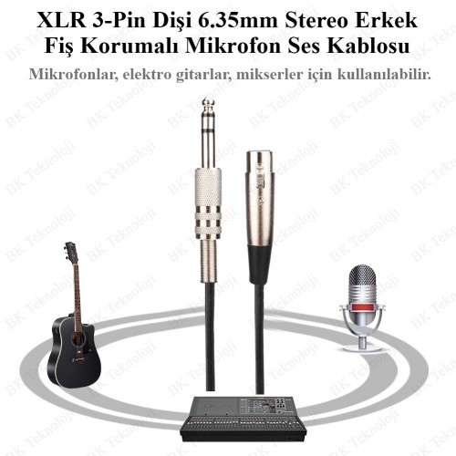 XLR 3-Pin Dişi 6.35mm Stereo Fiş Korumalı Mikrofon Ses Kablosu-30cm,Ses Kabloları,