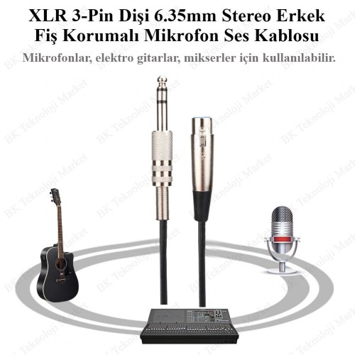XLR 3-Pin Dişi 6.35mm Stereo Fiş Korumalı Mikrofon Ses Kablosu-5Metre,Ses Kabloları,