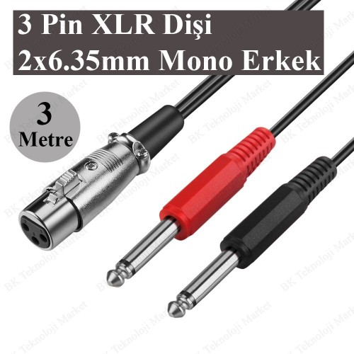 3-Pin XLR Dişi to 2 x 1/4 ''6.35mm Mono Erkek TRS Y Kablo - 3 Metre
