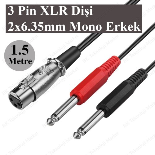 3-Pin XLR Dişi to 2 x 1/4   6.35mm Mono Erkek TRS Y Kablo - 1.5 Metre,Ses Kabloları,