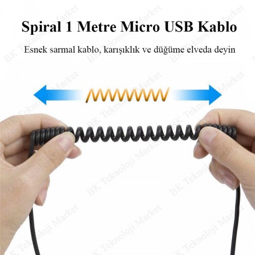 1 Metre Spiral Micro USB 5 Pin Şarj/Data Kablosu