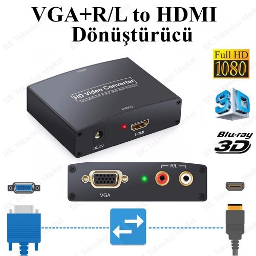 VGA+R/L Audio to HDMI Converter Ses Destekli VGA-HDMI Çevirici