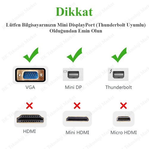 Yüksek Kalite Mini DisplayPort (Thunderbolt) - VGA Dönüştürücü Kablo