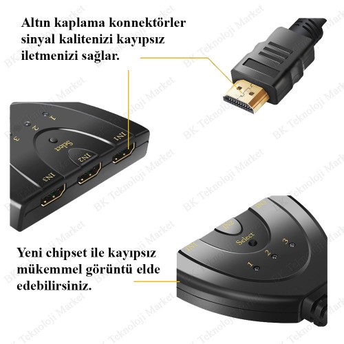 3 Port HDMI Switcher 3 Giriş 1 Çıkışlı HDMI Otomatik Switch,Switch Box ve Çoklayıcılar,