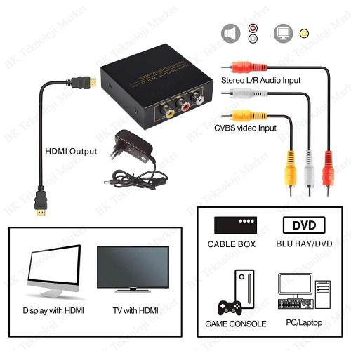 AV/RCA to 1080P HDMI Adaptörlü Otomatik Ölçekleyici Dönüştürücü Adaptör