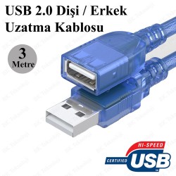 3 Metre USB 2.0 Dişi/Erkek Uzatma Kablosu 3 Metre USB 2.0 Dişi/Erkek Uzatma Kablosu