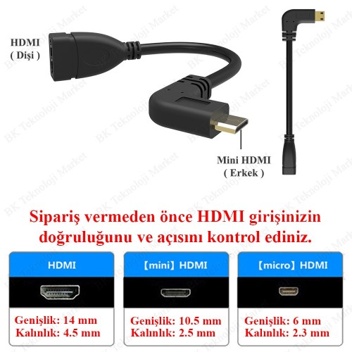 15 cm Sağ Açılı Mini HDMI Erkek to HDMI Dişi Kablo