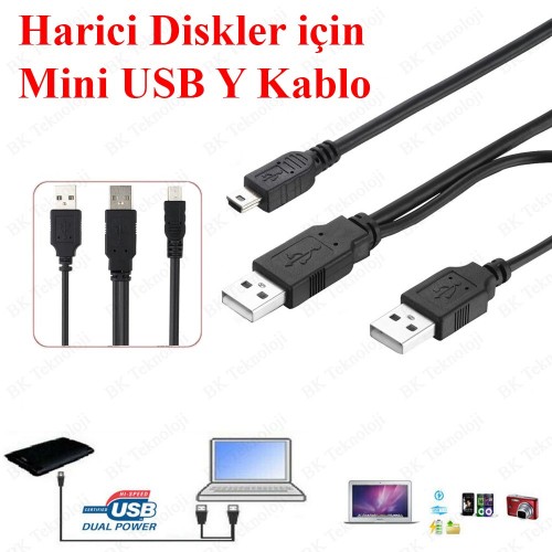 Taşınabilir Harici Diskler için USB Y Kablosu 2 USB - Mini USB 5-Pin,Çevirici ve Çoklayıcılar,