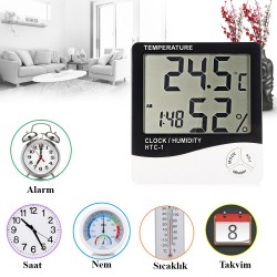 Dijital Termometre Sıcaklık ve Nem Ölçer Masa Saati Alarm