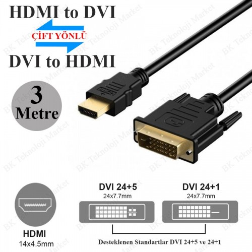DVI 24+1 to HDMI Çift Yönlü DVI to HDMI Kablo - 3 Metre,Görüntü Kabloları,