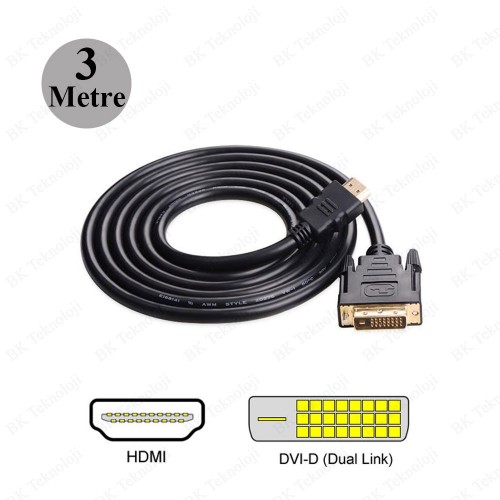 DVI 24+1 to HDMI Çift Yönlü DVI to HDMI Kablo - 3 Metre