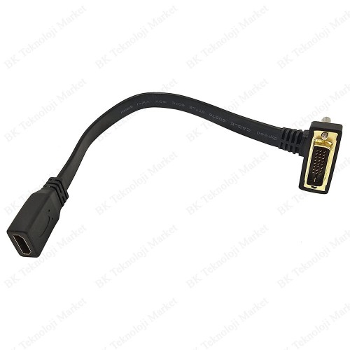 DVI 24+1 90 Derece Açılı Erkek to HDMI Dişi 30 cm Flat Kablo