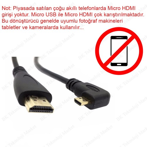 90 Derece Açılı Micro HDMI to HDMI Dönüştürücü Kablo - 15 cm
