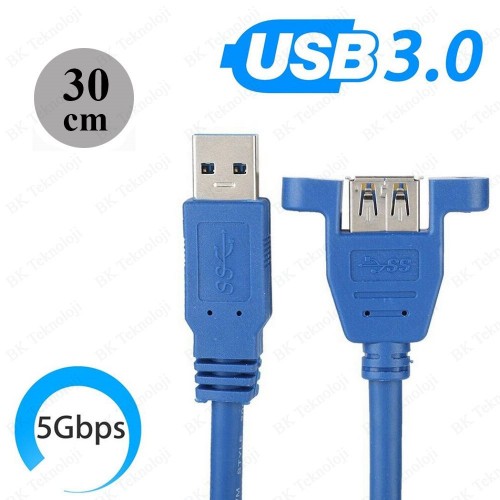 Panel Tipi Vidalı USB 3.0 Dişi-Erkek Uzatma Kablosu-30cm