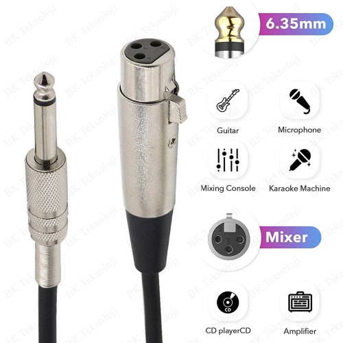 3 Pin XLR Dişi to 6.35mm Mono Erkek Mikrofon Ses Kablosu 3Metre,Ses Kabloları,
