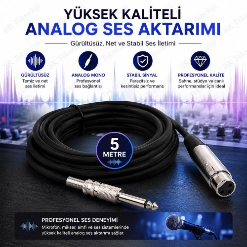 3 Pin XLR Dişi to 6.35mm Mono Erkek Jack Mikrofon Kablosu 5 Metre Canon Dişi - 6.35mm Mono Ses Kablosu