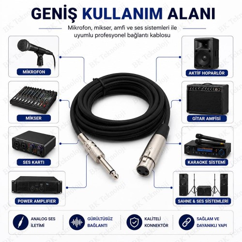 3 Pin XLR Dişi to 6.35mm Mono Erkek Jack Mikrofon Kablosu 5 Metre Canon Dişi - 6.35mm Mono Ses Kablosu