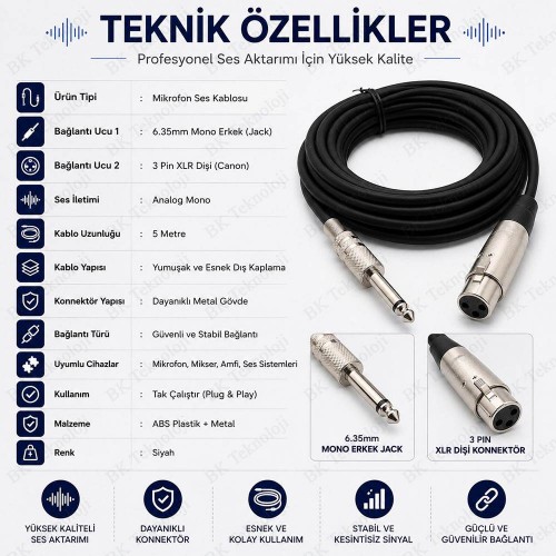 3 Pin XLR Dişi to 6.35mm Mono Erkek Jack Mikrofon Kablosu 5 Metre Canon Dişi - 6.35mm Mono Ses Kablosu