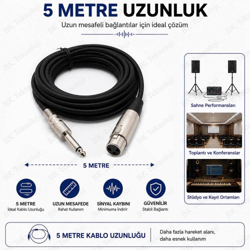 3 Pin XLR Dişi to 6.35mm Mono Erkek Jack Mikrofon Kablosu 5 Metre Canon Dişi - 6.35mm Mono Ses Kablosu