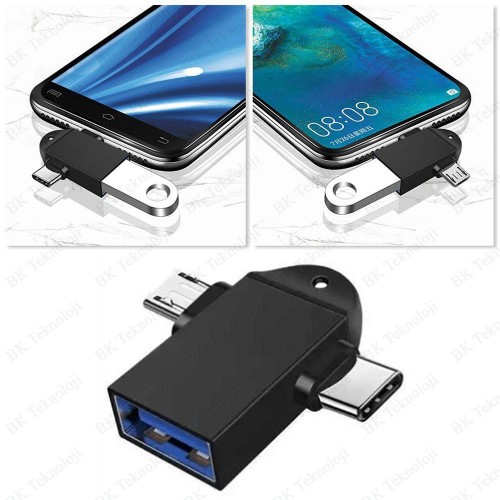 2 in 1 USB Dişi to Micro USB + Type-C OTG Adaptör,Çevirici Adaptör,