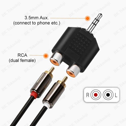 Stereo Ses Konektörü 3.5 mm Erkek Jak - 2 RCA (R+L) Dişi Ayırıcı Adaptör