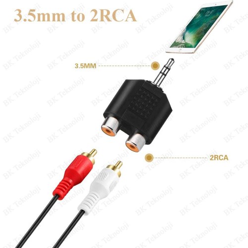 Stereo Ses Konektörü 3.5 mm Erkek Jak - 2 RCA (R+L) Dişi Ayırıcı Adaptör