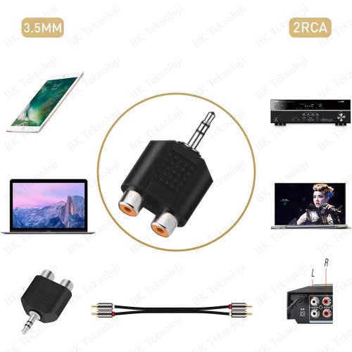 Stereo Ses Konektörü 3.5 mm Erkek Jak - 2 RCA (R+L) Dişi Ayırıcı Adaptör