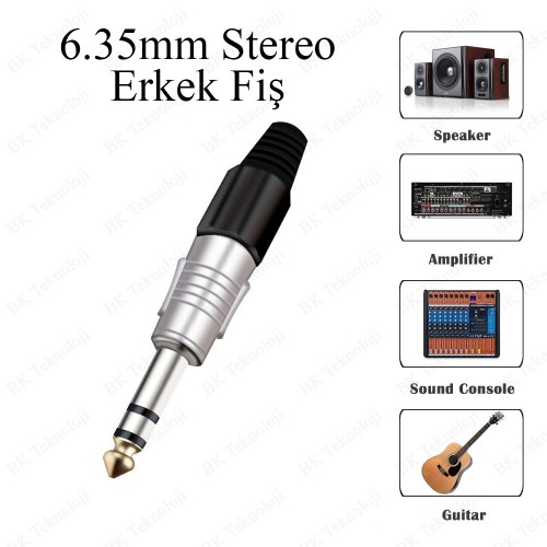 6.35mm Stereo Erkek Fiş Altın Kaplama Uçlu Lehim Tipi Çivi Jack