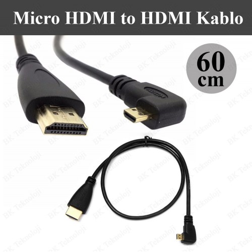 90 Derece Açılı Micro HDMI to HDMI Dönüştürücü Kablo 60cm,Görüntü Kabloları,BK Teknoloji