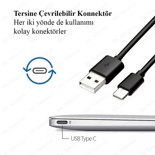 USB Type-C Şarj ve Data Kablosu Siyah 1 Metre,Data/Şarj Kabloları,BK Teknoloji