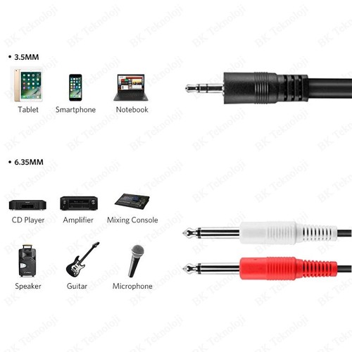 3.5mm 1/8" TRS - 2 x 6.35mm 1/4" TS Mono Y Ayırıcı Kablo - 5 Metre,Ses Kabloları,BK Teknoloji