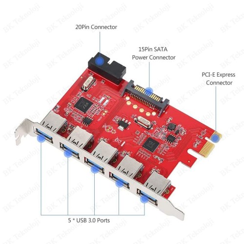 Yüksek Hızlı 5 Port USB 3.0 Hub PCI-E Kart PCI Ekspres Kart Adaptörü