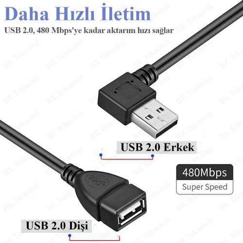 90 Derece Sağ Açılı USB 2.0 Erkek - Dişi Uzatma Kablosu - 30cm