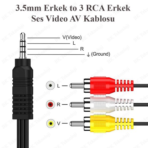 3.5mm Erkek to 3 RCA Erkek Ses Video AV Kablosu - 1,2 Metre