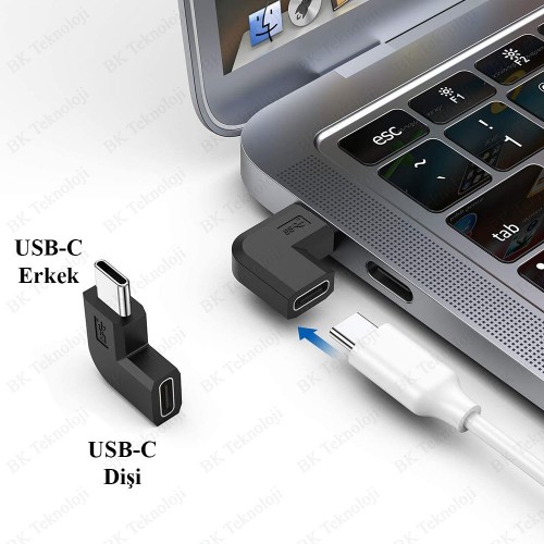 90 Derece L Tip Sağ ve Sol Açılı USB C Type-C Erkek - Dişi Adaptör