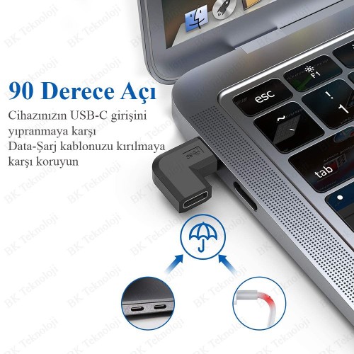 90 Derece L Tip Sağ ve Sol Açılı USB C Type-C Erkek - Dişi Adaptör