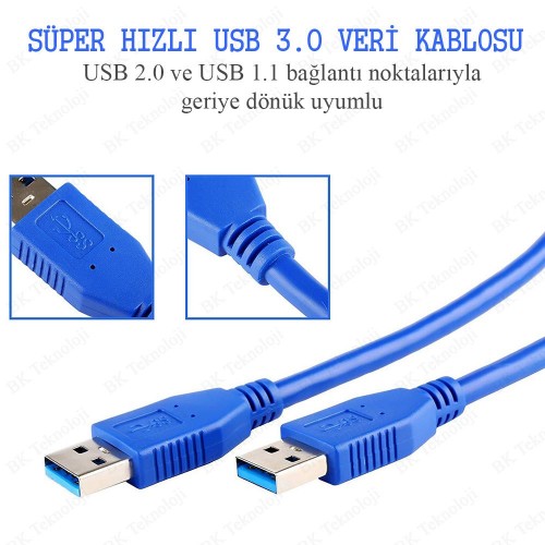 Yüksek Hızlı USB 3.0 Erkek-Erkek Data Kablosu - 1 Metre