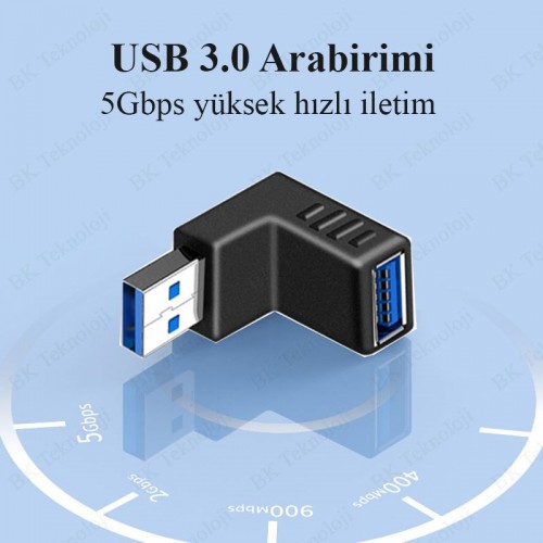 USB 3.0 Aşağı Açılı Konnektör Erkek Dişi 90 Derece Uzatma Adaptörü