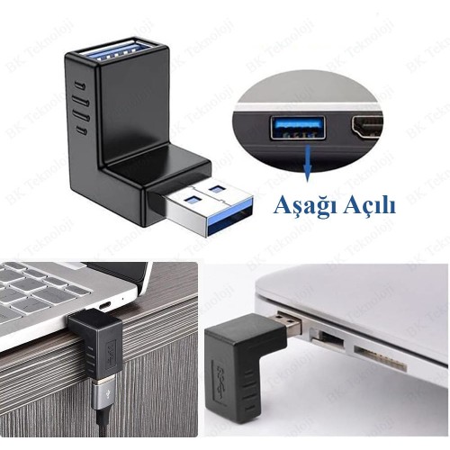 USB 3.0 Aşağı Açılı Konnektör Erkek Dişi 90 Derece Uzatma Adaptörü