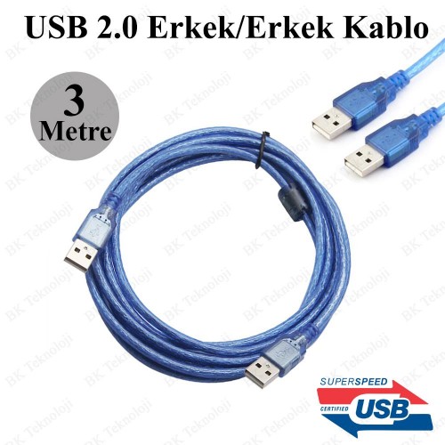 3 Metre Yüksek Kalite Filtreli USB 2.0 A Erkek / Erkek Data Kablosu