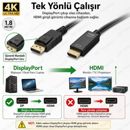 Yüksek Kalite 4K Displayport to HDMI Dönüştürücü Kablo - 1.8 Metre Yüksek Kalite 4K Displayport to HDMI Dönüştürücü Kablo - 1.8 Metre