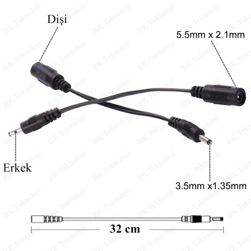 5.5mm x 2.1mm Dişi to 3.5mm x 1.35mm Erkek DC Güç Adaptör Kablosu